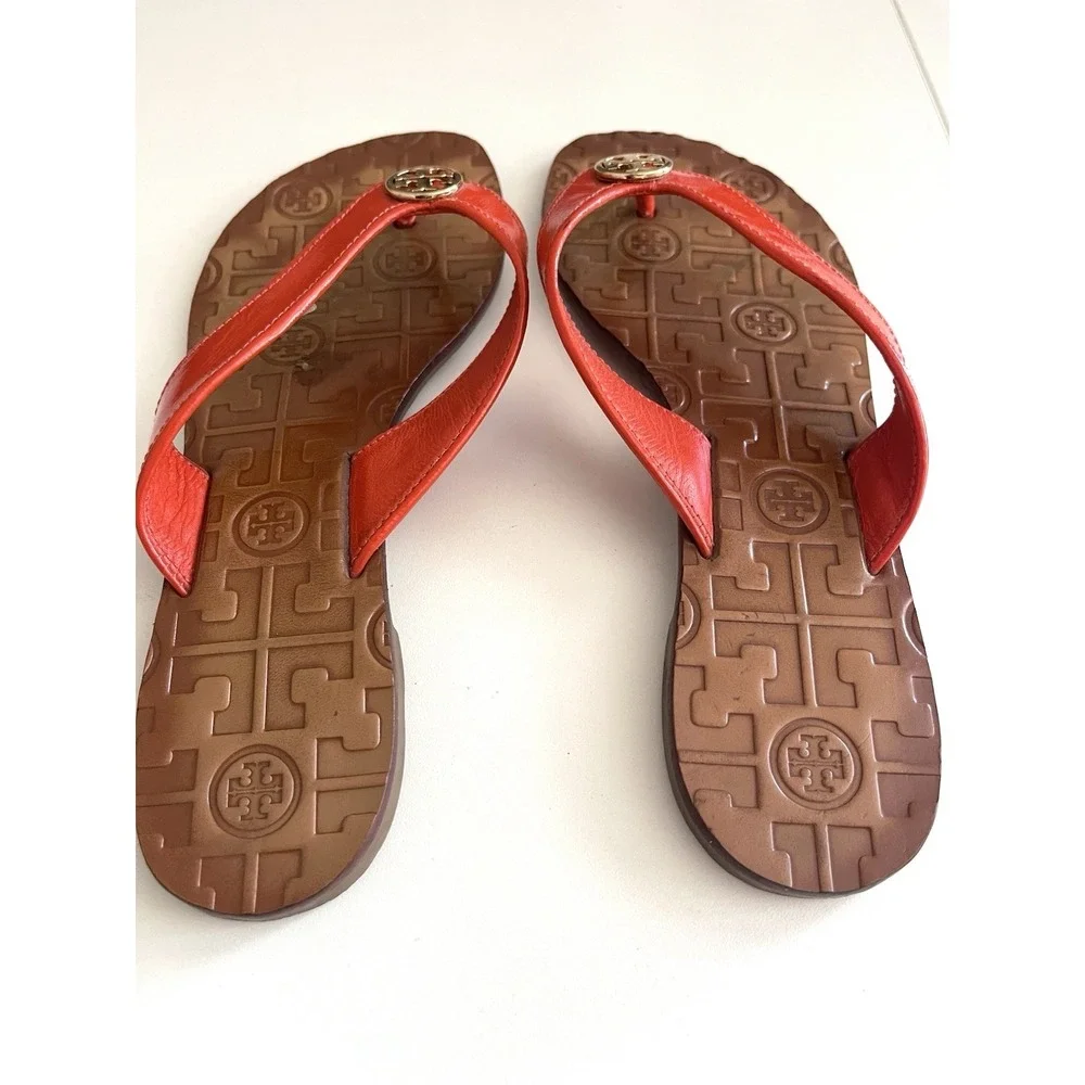Tory Burch Thora Sandal Flip Flops Patent leather Logo Sz 6 Coastal Resort Prep